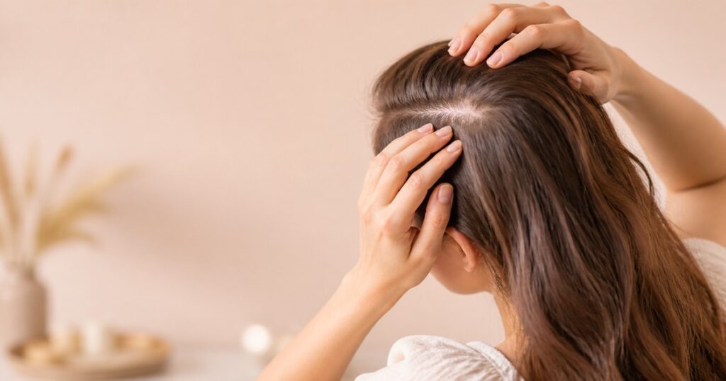 Femme examinant la santé de son cuir chevelu en écartant ses cheveux