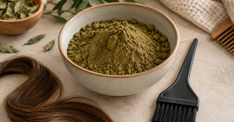 Poudre de coloration végétale dans un bol avec pinceau et mèche de cheveux bruns